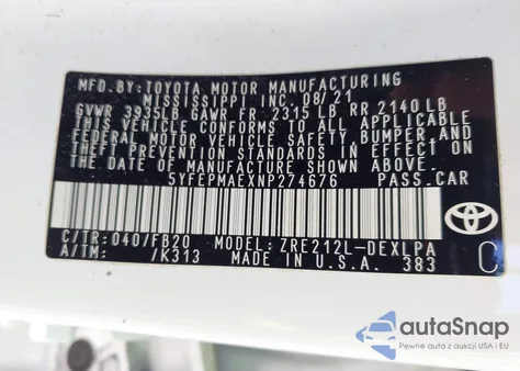 2022 Toyota Corolla Le from USA, damaged, VIN 5YFEPMAEXNP274676